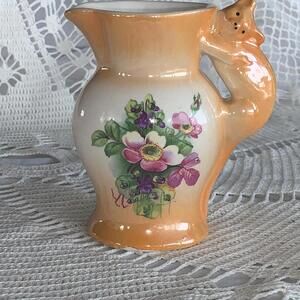 Charming Vintage Floral Pitcher with Cat Handle